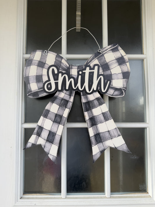 Black/White Gingham Bow w/ Name Door Hanger