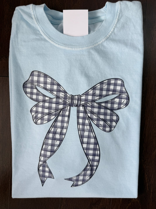 Navy Gingham Bow on Light Blue
