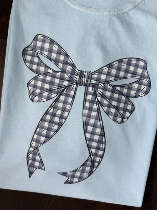 Navy Gingham Bow on Light Blue