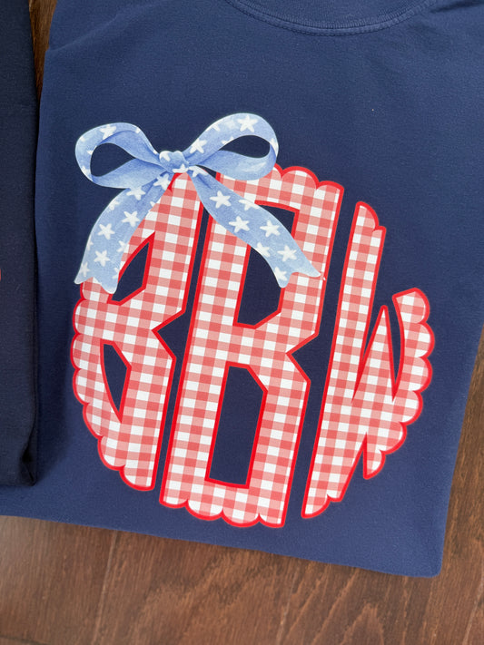 Navy / Red Gingham Monogram w/ Bow
