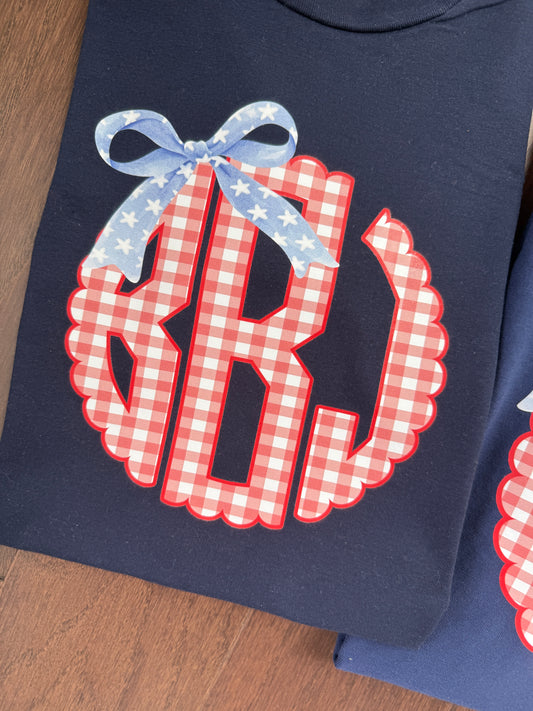 Navy / Red Gingham Monogram w/ Bow