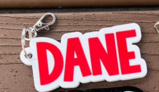 White w/ Red Name Keychain