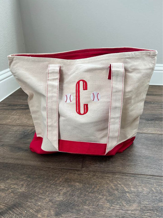 Red Tote Bag with Baseballs